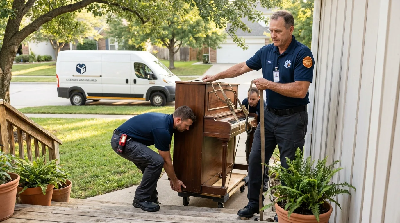 Licensed piano movers securing grand piano in Union City, PA