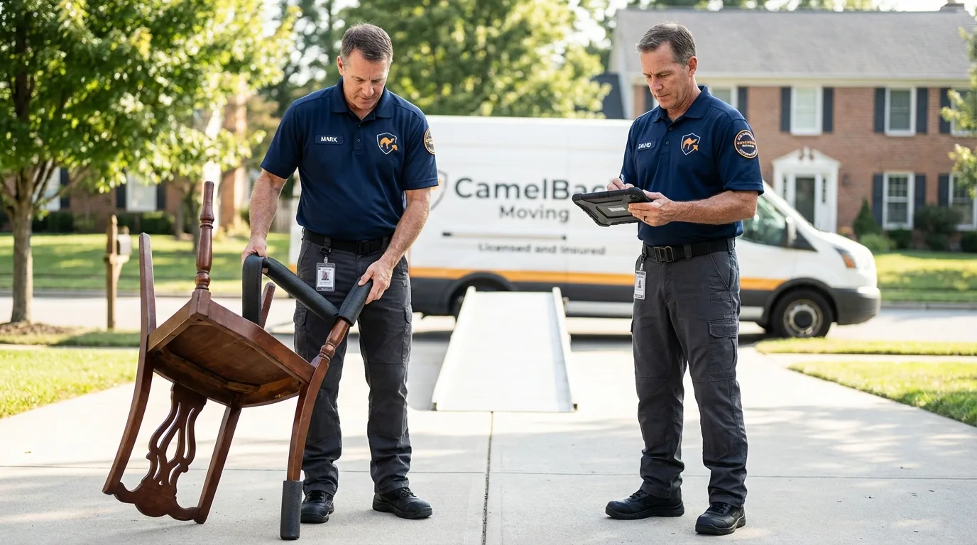 Movers inspecting furniture for damage prevention before loading in Union City, PA