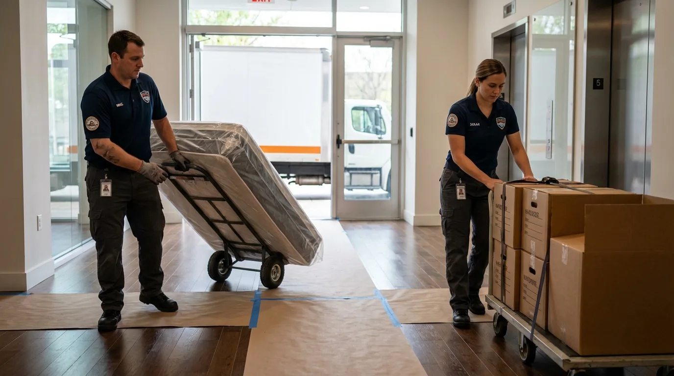 Professional apartment movers loading elevator in Union City, PA