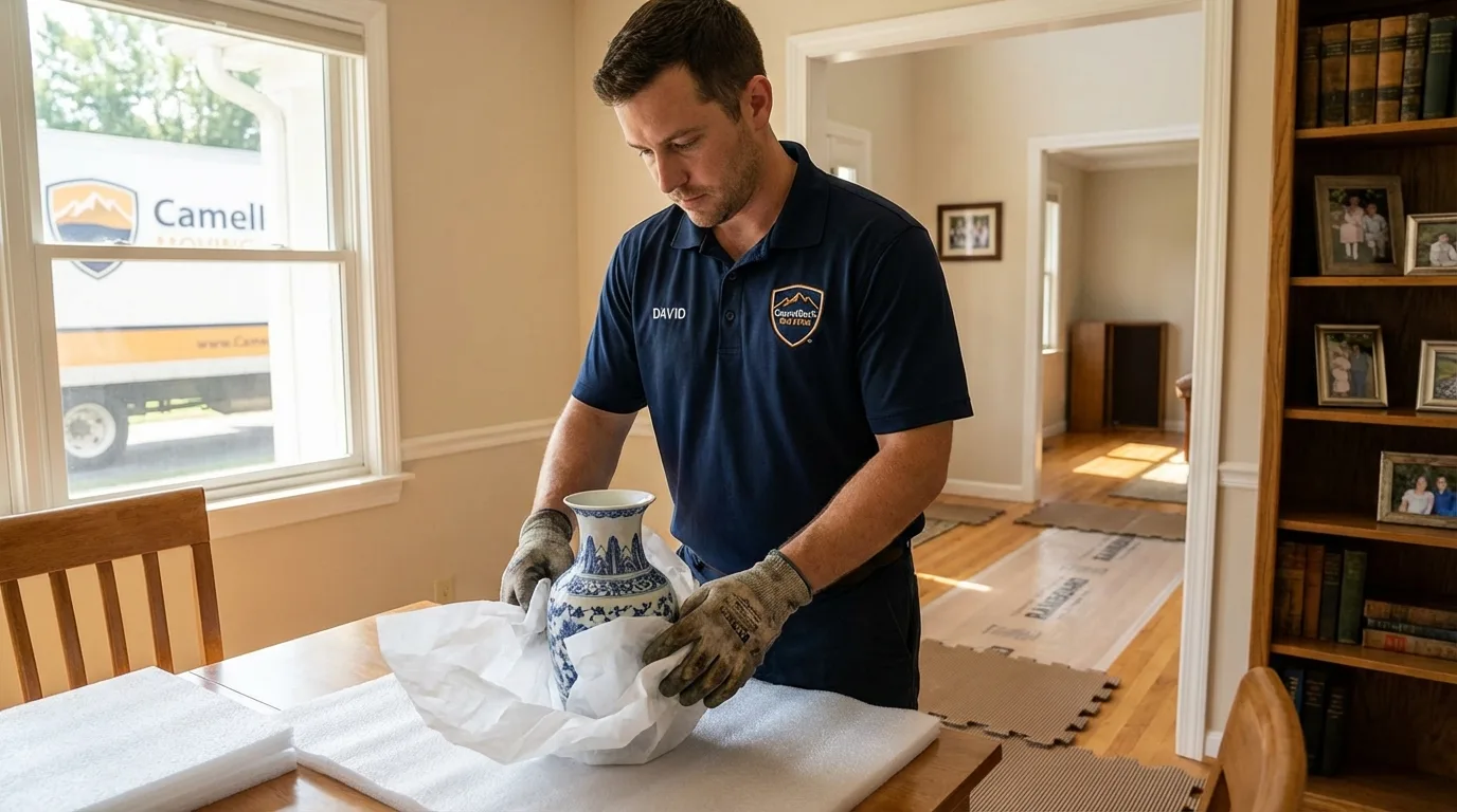 Professional crew carefully wrapping antique vase for senior downsizing move in Union City, PA