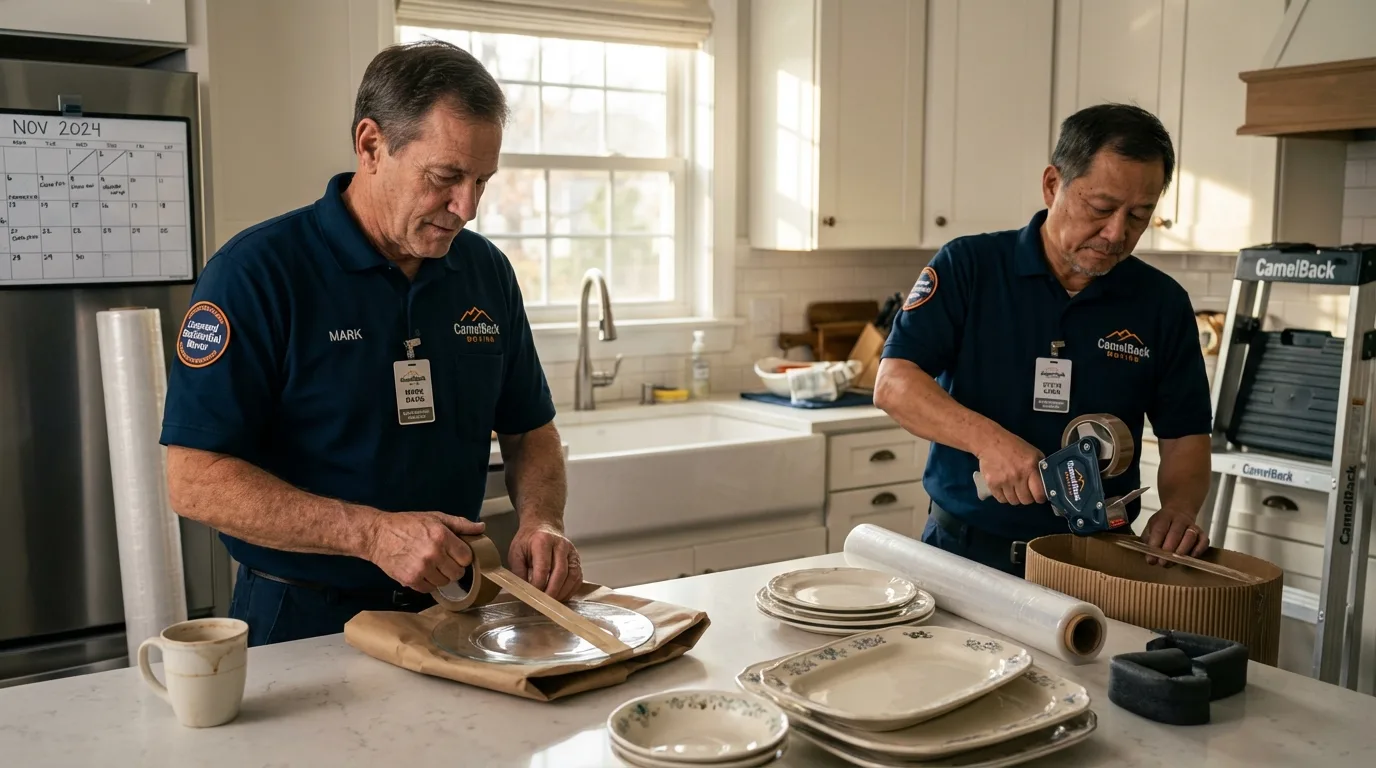 Professional crew packing kitchen dishware in Union City, PA